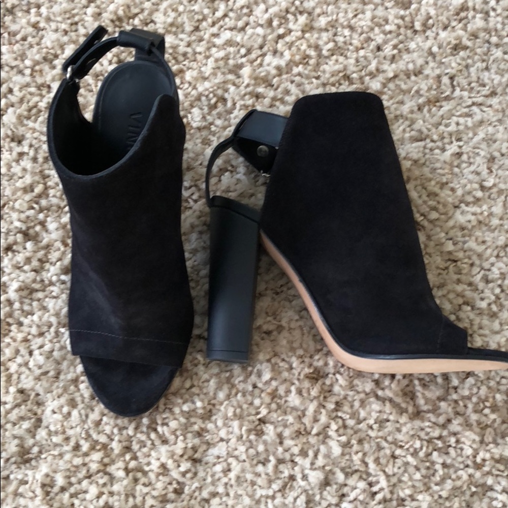 Black suede peep toe booties